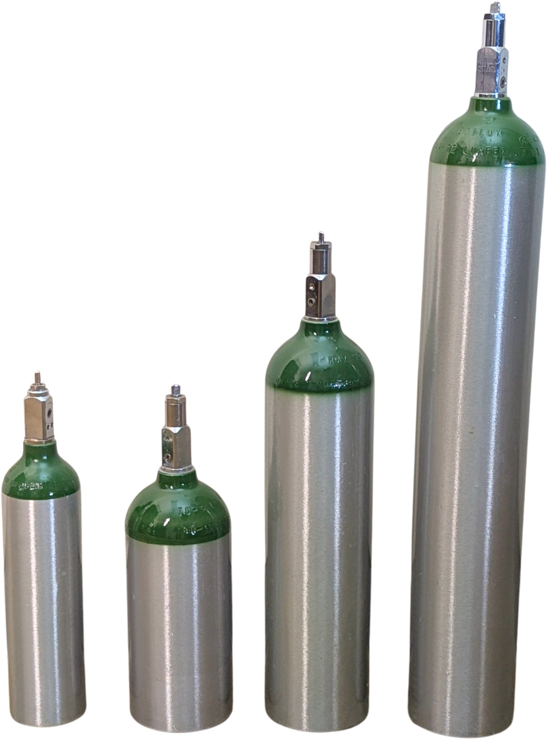 Steel cylinders shown side by side across the full range of sizes